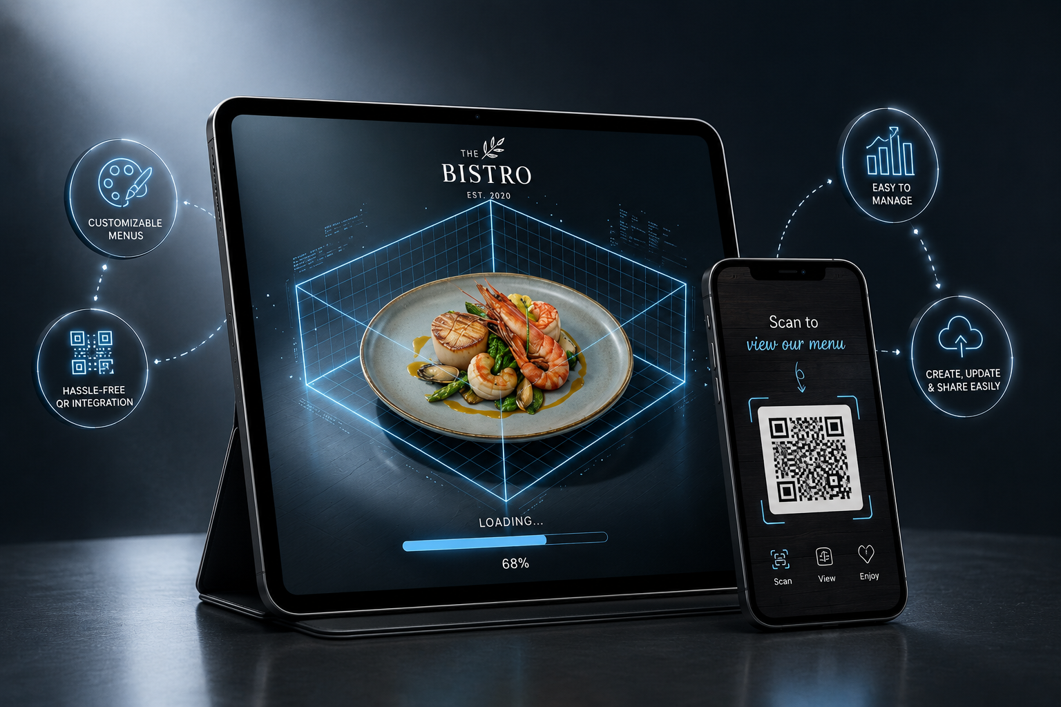 MenuVerse on a tablet and phone with menu customization and QR controls