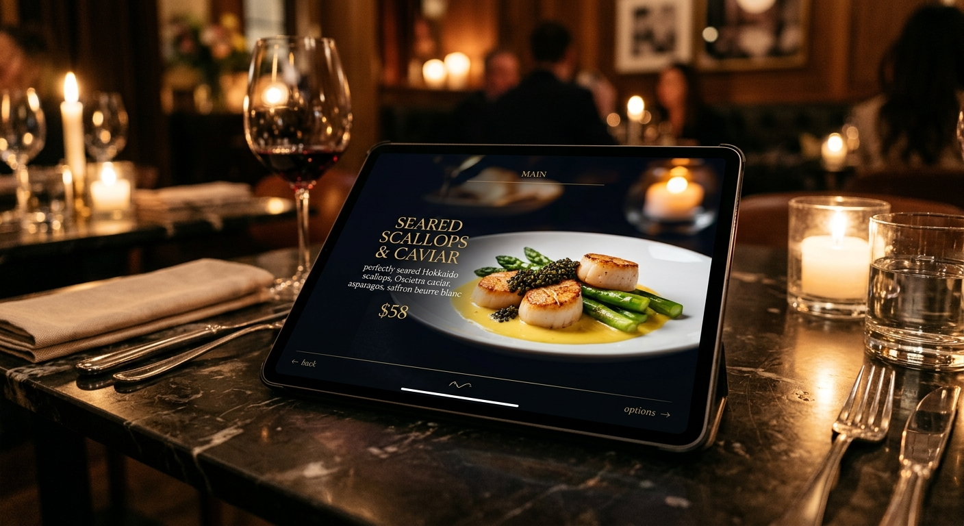 A premium digital Menuverse menu displayed on a restaurant table