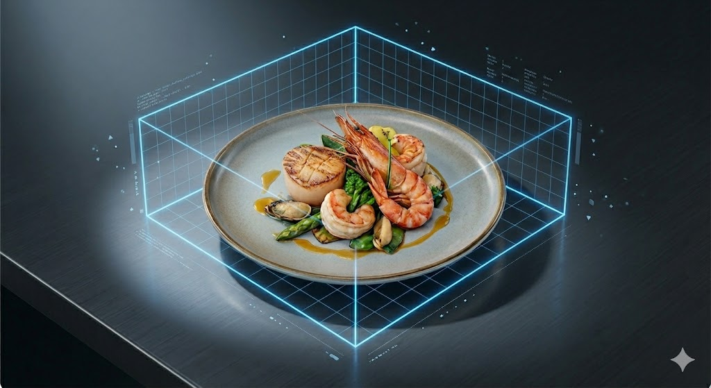 An augmented reality dish inside a precise 3D scale grid